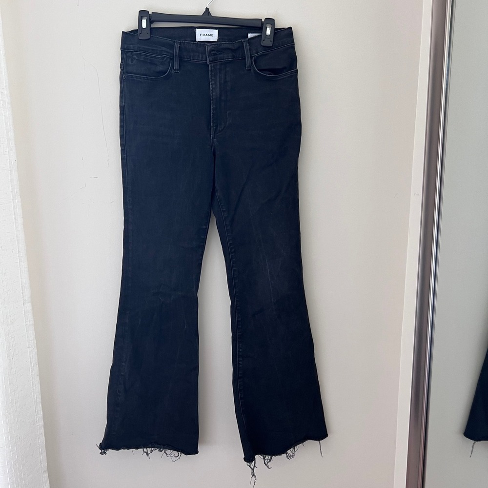 FRAME‎ Le Easy Flare Jeans Black Wash High Rise Raw Hem Denim Size 30